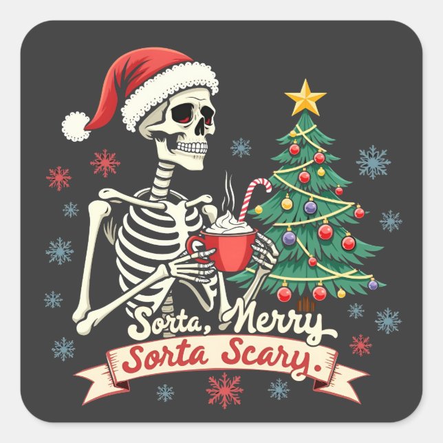Pegatina Cuadrada Sorta Merry Sorta Scary Spooky Skeleton Xmas (Anverso)