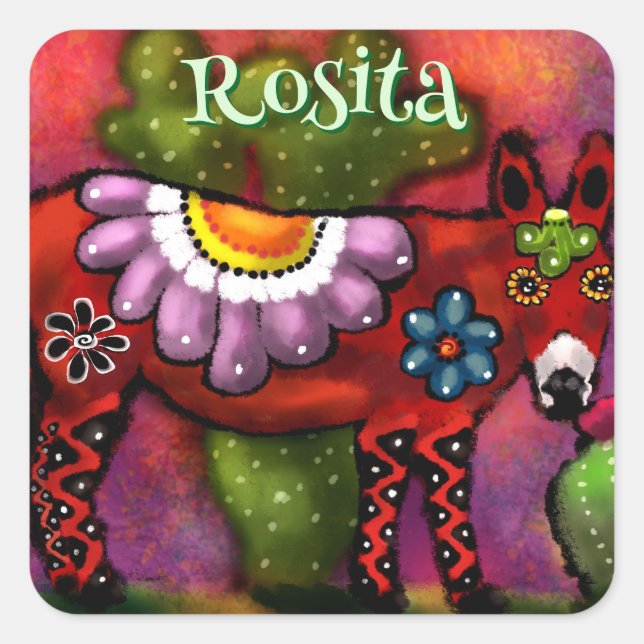 Pegatina Cuadrada Southwest Talavera-Style Donkey Personalized (Anverso)