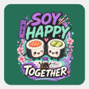 Pegatina Cuadrada Soy Feliz Juntos – Lindo Pareja de Sushi Kawaii