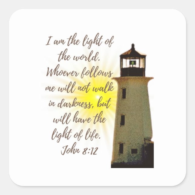 Pegatina Cuadrada Soy la Luz. Cita de John 8:12 con Light House (Anverso)