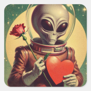 Pegatina Cuadrada Space Alien Valentine Sci Fi Romántico San Valentí