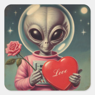 Pegatina Cuadrada Space Alien Valentine Sci Fi Romántico San Valentí