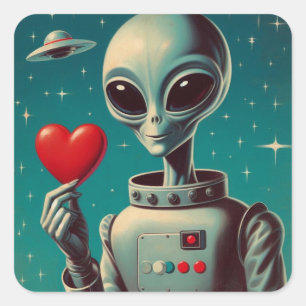 Pegatina Cuadrada Space Alien Valentine Sci Fi Romántico San Valentí