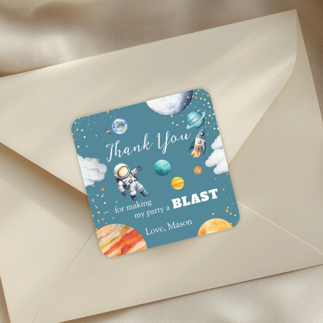 Pegatina Cuadrada Space Astronaut Blast Thank You Party Sticker (Subido por el creador)