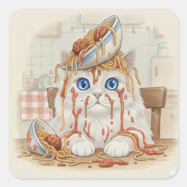 Pegatina Cuadrada Spaghetti Kitty, White, Stickers (Anverso)
