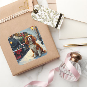 Pegatina Cuadrada Spaniel Cavalier King Charles Tren de Navidad