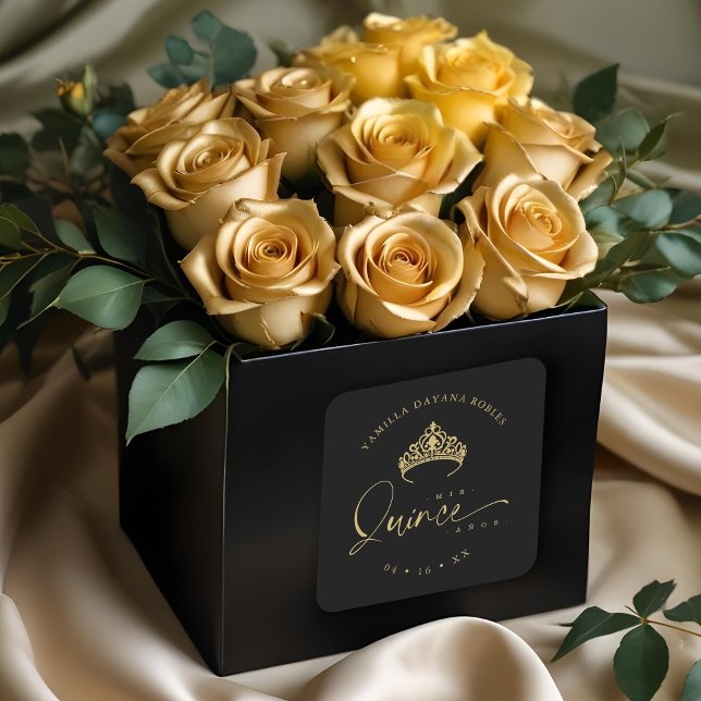 Pegatina Cuadrada Spanish Black Trendy Quinceañera Princess Tiara (Spanish Black Trendy Quinceañera Faux Golden Princess Crown Tiara Square Stickers.)