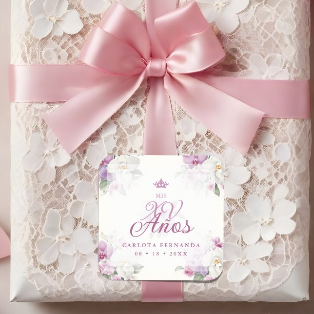 Pegatina Cuadrada Spanish Mis XV Exquisite Floral Orchids Bouquets (Spanish Romantic Exquisite Floral Orchids Bouquets Mis XV Años Square Sticker:)