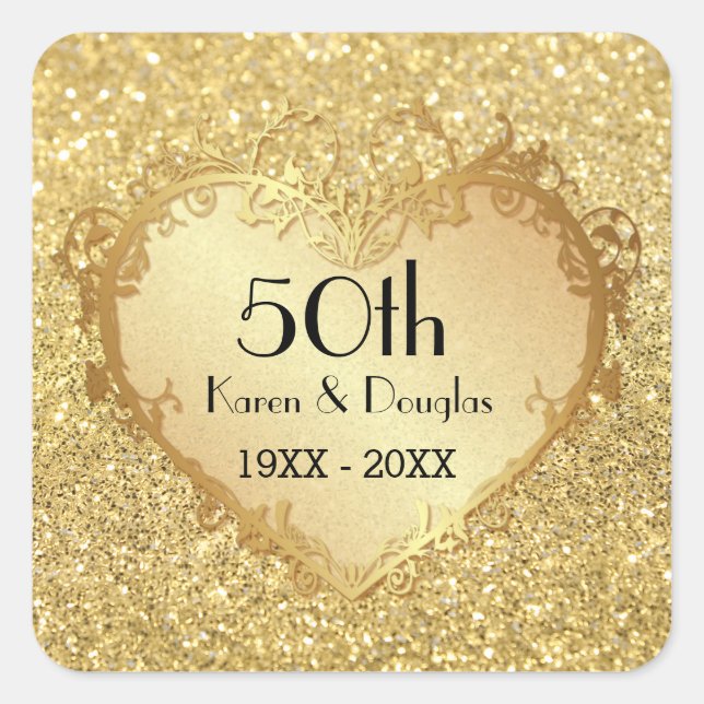 Pegatina Cuadrada Sparkle Gold Heart 50° Aniversario del Boda (Anverso)