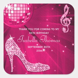 Pegatina Cuadrada Sparkle Heels Pink Disco Ball Cumpleaños Gracias