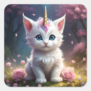 Pegatina Cuadrada "Sparkle Paws: El encantador Gatito Unicornio"