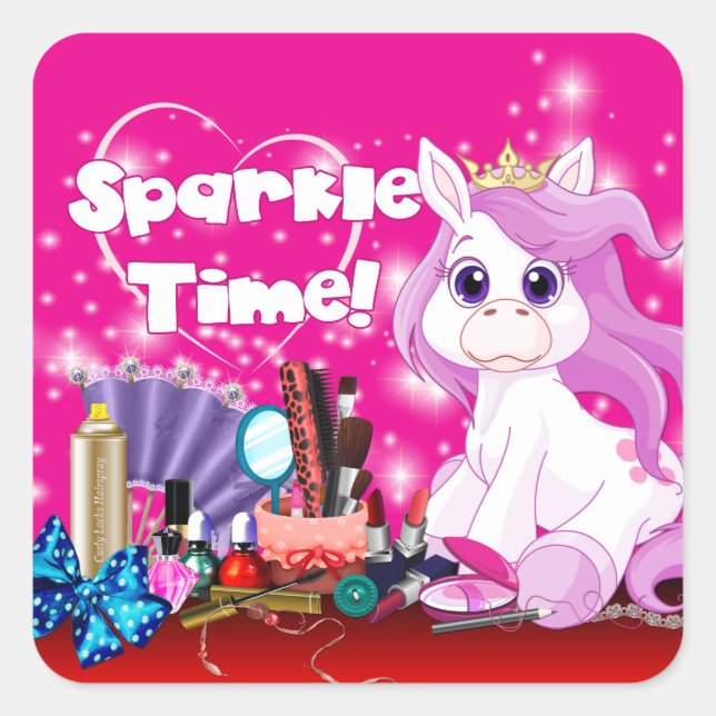 Pegatina Cuadrada Sparkle Time Pony Makeup Fiesta (Anverso)