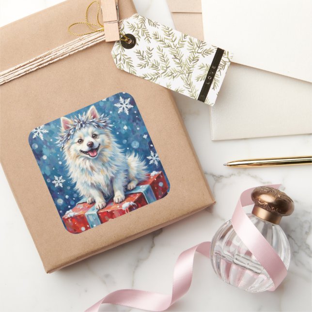Pegatina Cuadrada Sparkling American Eskimo Dog Festive Gift Cushion (Regalar)