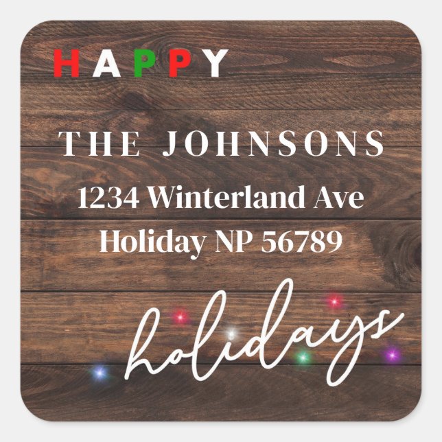 Pegatina Cuadrada Sparkling Luces Dark Wood Square Address Label (Anverso)