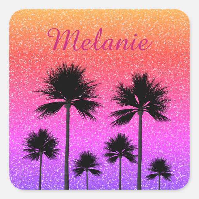 Pegatina Cuadrada Sparkly Palm Trees Gradient Sunset Personalised (Anverso)