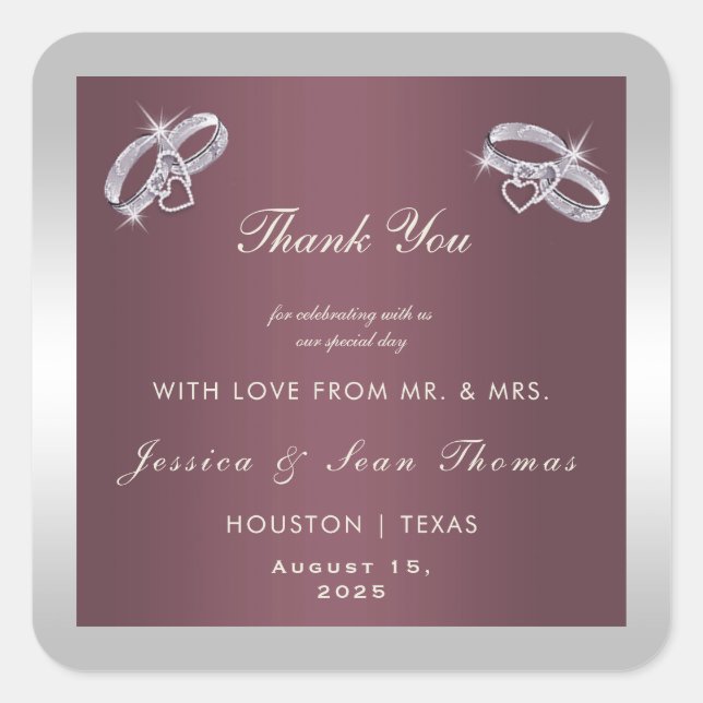 Pegatina Cuadrada Sparkly Silver Rings & Burgandy Boda (Anverso)