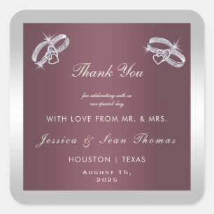 Pegatina Cuadrada Sparkly Silver Rings & Burgandy Boda