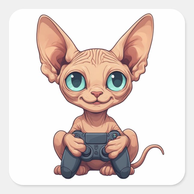 Pegatina Cuadrada Sphynx Cat Holding Game Controller (Anverso)