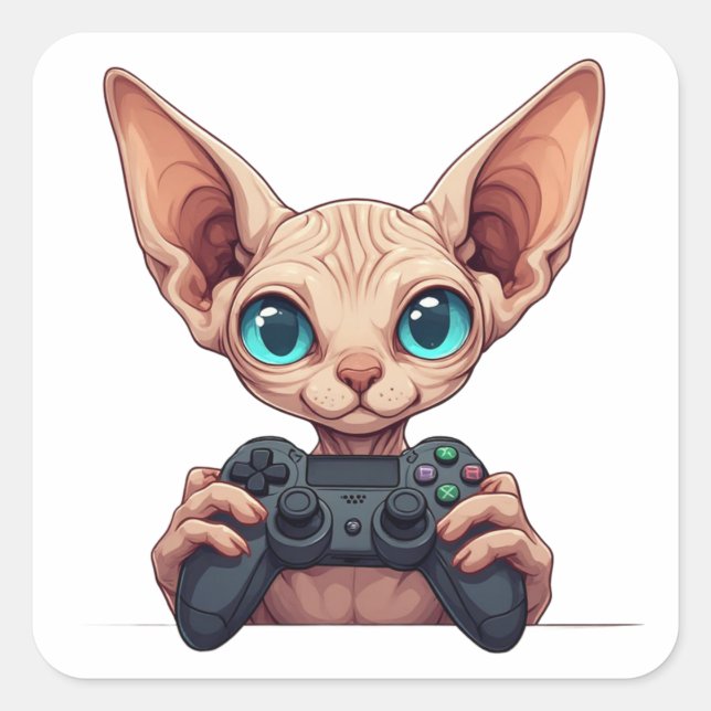 Pegatina Cuadrada Sphynx Cat Holding Game Controller (Anverso)