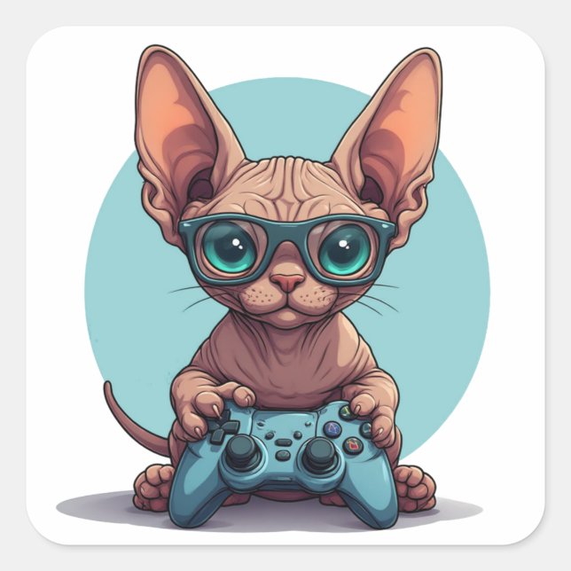 Pegatina Cuadrada Sphynx Cat Holding Game Controller (Anverso)