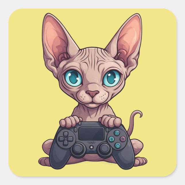 Pegatina Cuadrada Sphynx Cat Holding Game Controller (Anverso)