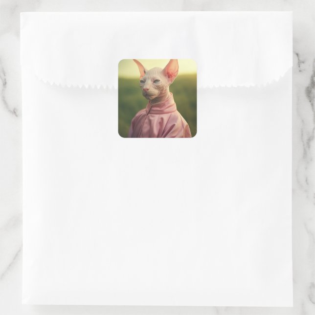 Pegatina Cuadrada Sphynx Cat in Outfit – Playful Nature Art (Bolso)