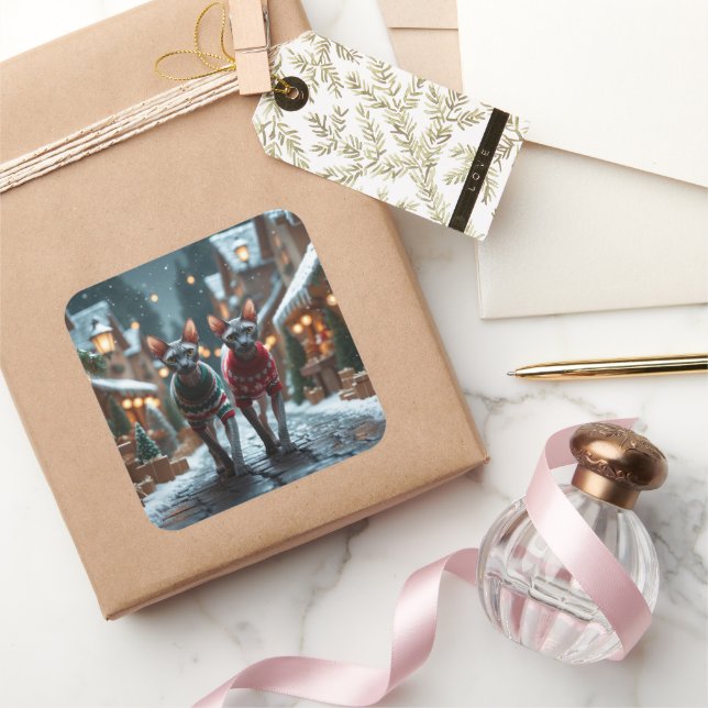 Pegatina Cuadrada Sphynx Cats Christmas Snow Holiday (Regalar)