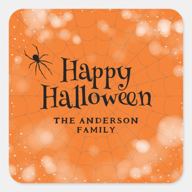 Pegatina Cuadrada Spider Cobweb Happy Halloween (Anverso)