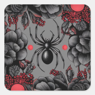 Pegatina Cuadrada Spider Floral diseño estilo gótico