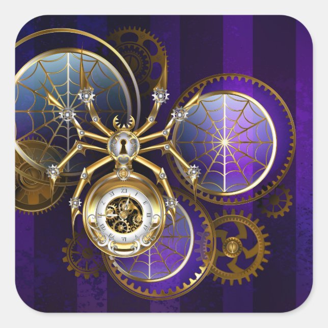 Pegatina Cuadrada Spider Steampunk sobre fondo morado (Anverso)