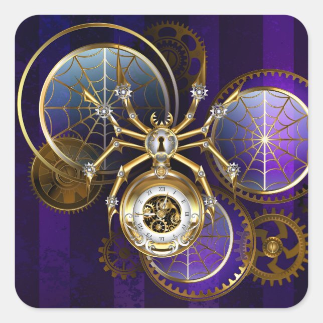 Pegatina Cuadrada Spider Steampunk sobre fondo morado (Anverso)