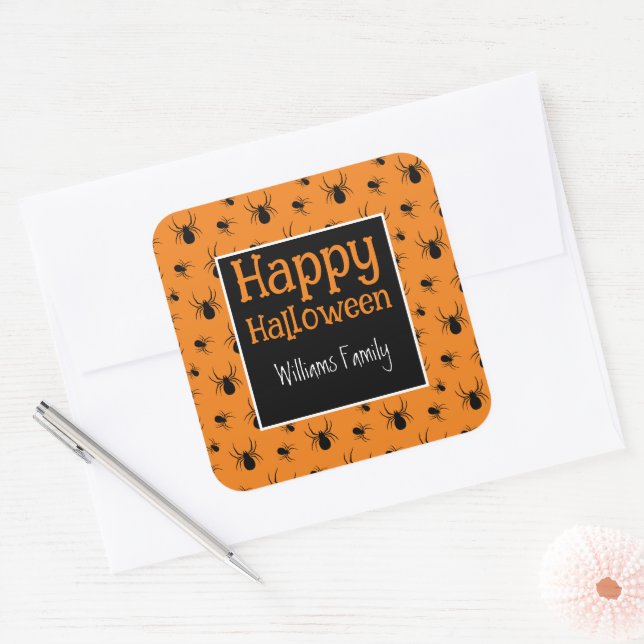 Pegatina Cuadrada Spiders Happy Halloween Black Naranja Personalizad (Sobre)