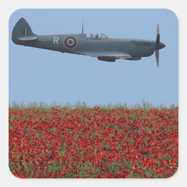 Pegatina Cuadrada Spitfire y Poppies (Anverso)