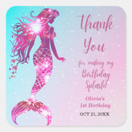 Pegatina Cuadrada Splish Splash Mermaid Primer Cumpleaños Gracias