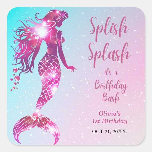 Pegatina Cuadrada Splish Splash Sirmaid Baby Girl Primer cumpleaños (Anverso)