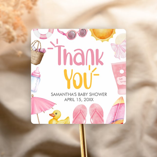 Pegatina Cuadrada Splish Splash Summer Baby Shower (Pink Splish Splash Baby Shower Sticker)