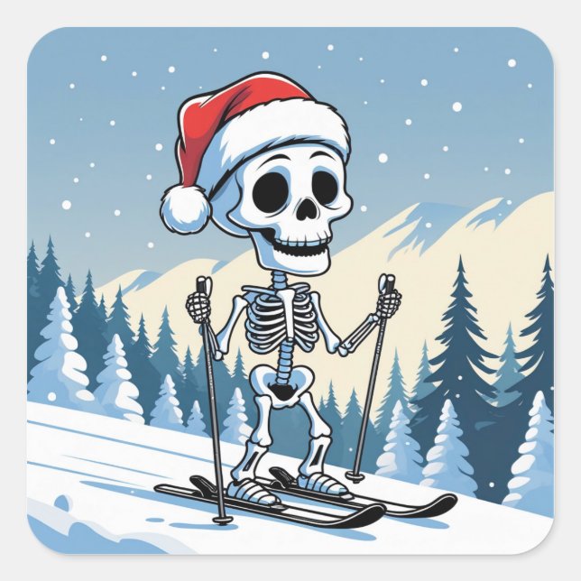 Pegatina Cuadrada Spooky Christmas Skeleton on Skis (Anverso)
