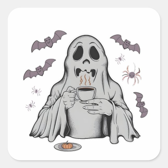 Pegatina Cuadrada Spooky Ghost Drinking Coffee Caffeine Halloween (Anverso)