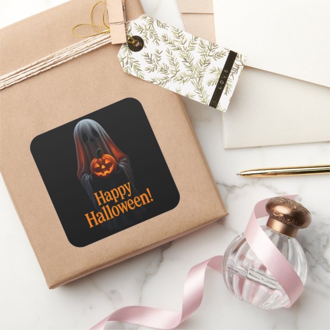 Pegatina Cuadrada Spooky Ghost with Pumpkin – Happy Halloween  (Regalar)