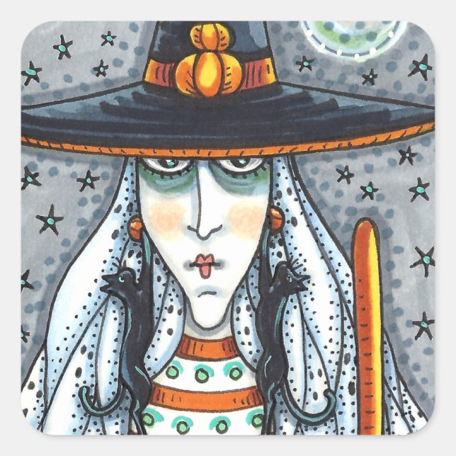 PEGATINA CUADRADA SPOOKY HALLOWEEN WITCH, USANDO JOYAS DE GATO NEGRO (Anverso)