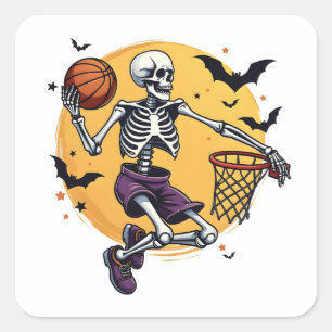 Pegatina Cuadrada Spooky Skeleton Dunking Basketball Graveyard Hallo