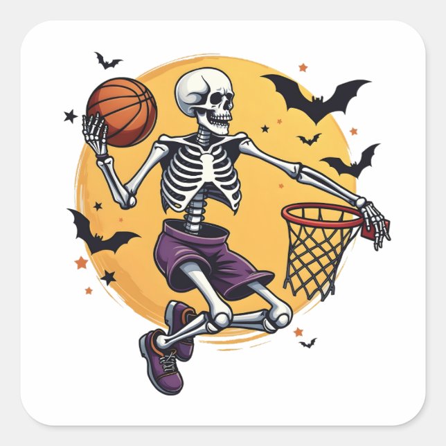 Pegatina Cuadrada Spooky Skeleton Dunking Basketball Graveyard Hallo (Anverso)