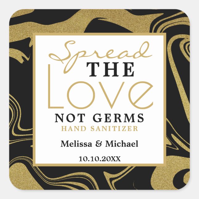 Pegatina Cuadrada Spread Love Black And Gold Boda Hand Sanitizer (Anverso)