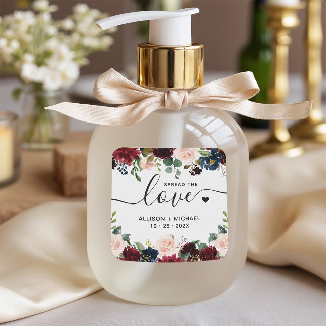 Pegatina Cuadrada Spread Love Burgundy Navy Boda floral Sanitizer (Subido por el creador)