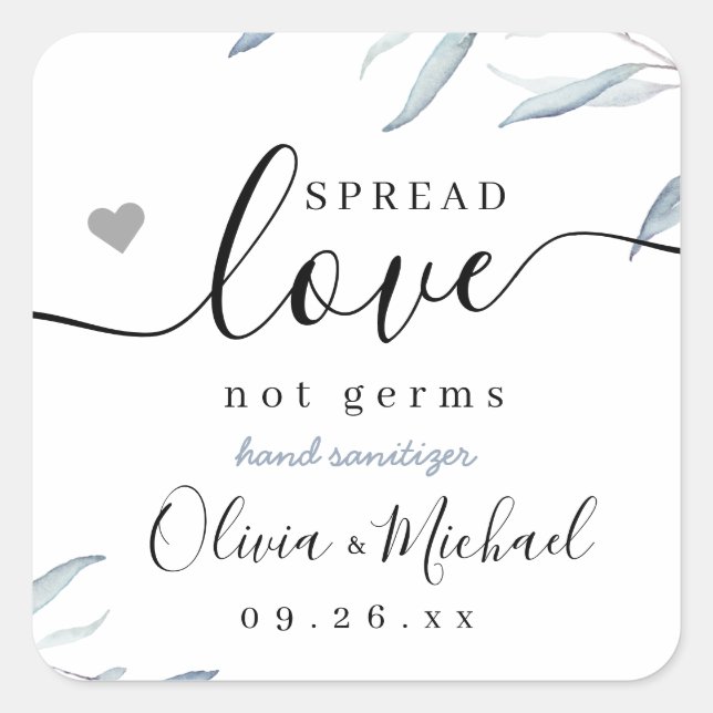 Pegatina Cuadrada Spread Love Dusty Blue Greenery Wedding Favor (Anverso)