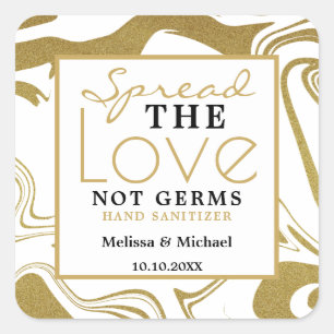 Pegatina Cuadrada Spread Love Not Germs Gold Boda Hand Sanitizer