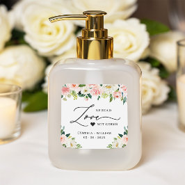 Pegatina Cuadrada Spread Love Rubor Pink Floral Boda Sanitizer