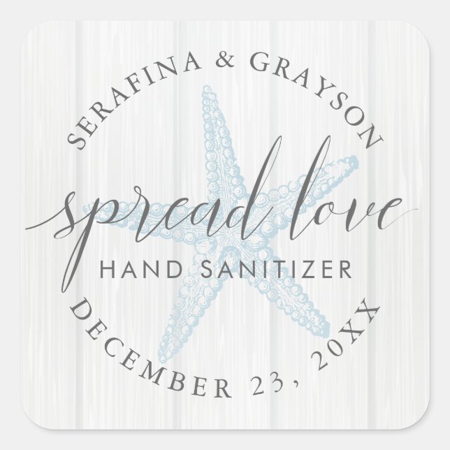 Pegatina Cuadrada Spread Love Starfish Rustic Hand Sanitizer Favor (Anverso)