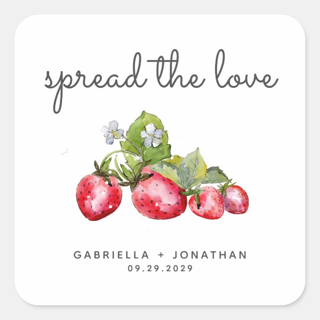 Pegatina Cuadrada Spread The Love Strawberry Jam Wedding Favor (Anverso)