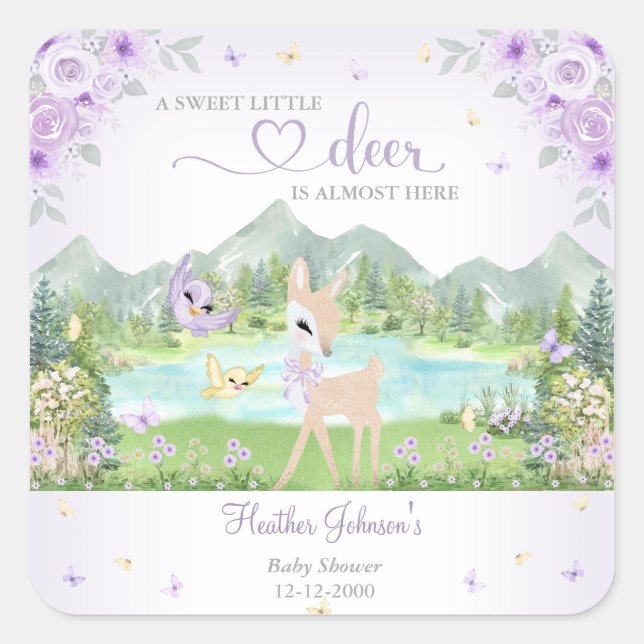Pegatina Cuadrada Spring Bloom and Butterflies Deer Baby Shower  (Anverso)